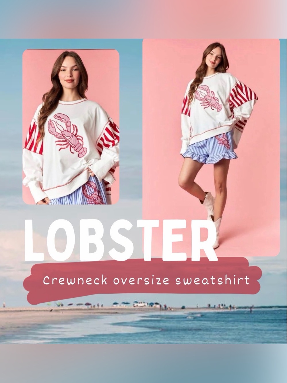 New lobster oversize sweatshirt peach love small medium large embroidered